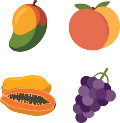 Tropical and Stone Fruit Icon Set in Flat Design Style Mango, Peach, Papaya, and Grapes