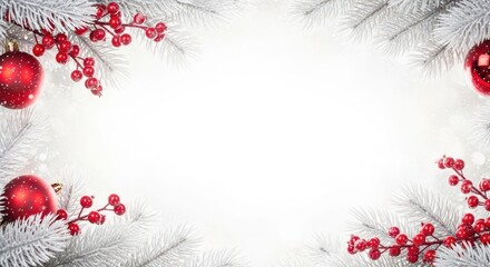 Festive Christmas background with red ornaments and snowy white branches