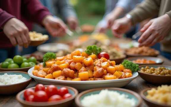 Multicultural neighborhood potluck. People reach out, serving various dishes from different cuisines. Community gathering sharing homemade food, cooking, celebrating diversity. Social event with