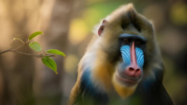Portrait of a mandrill with striking facial colors, partially obscured by soft foliage