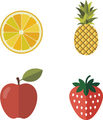 Flat Design Fruit Icons Collection Orange Slice, Pineapple, Apple, and Strawberry