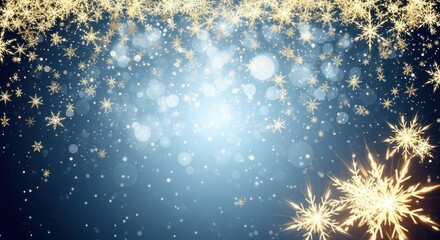 Elegant golden snowflakes falling on a blue background for the winter holidays