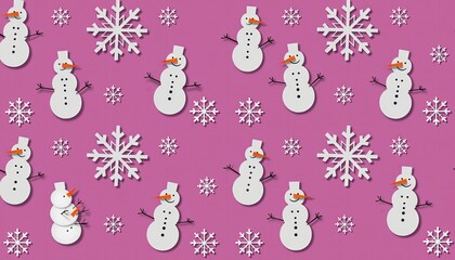 Festive Snowman and Snowflake Pattern on Pink Background.