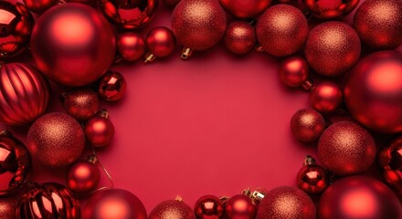 Festive red Christmas ornaments arranged in a circular frame on a red background