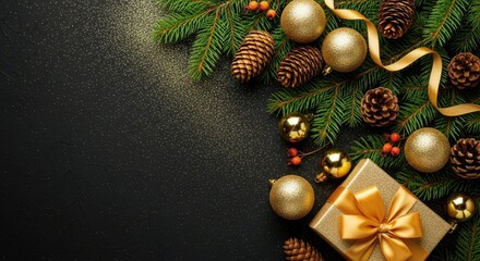 Festive Christmas background with ornaments, pine cones, and a gift box