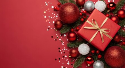 Festive Christmas arrangement with gift box, ornaments, and holiday decorations