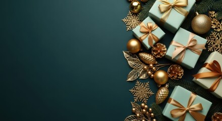 Elegant Christmas gifts and decorations on a dark teal background