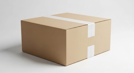 Cardboard box sealed with white tape on a white background, ready for shipping