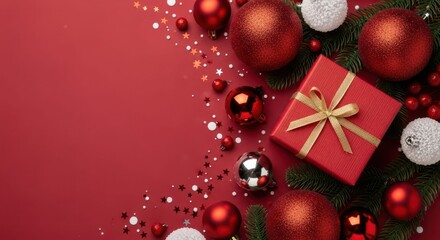 Festive Christmas background with ornaments, gift box, and holiday decorations