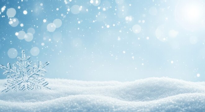 Winter wonderland scene with a large snowflake and falling snow