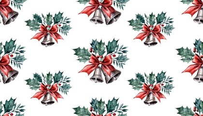 Christmas Bells and Holly Watercolor Pattern on White Background.
