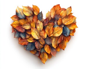 Colorful autumn leaves forming a heart shape on a clean, white background. Showcase your fall-themed promotions, seasonal greetings, and love of nature.