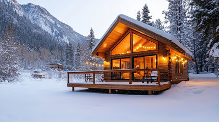 Cozy wooden cabin glowing with warm lights on snowy mountain landscape, inviting atmosphere