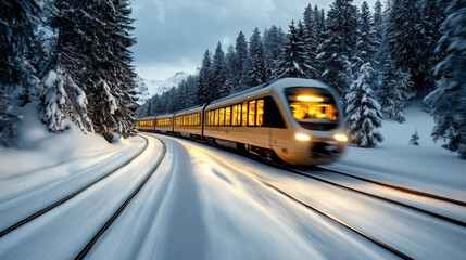 Snow train winter forest evening glow travel scene with motion blur and warm light