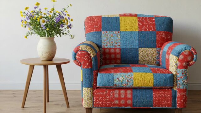 Vibrant patchwork armchair paired with a wooden side table and floral vase, perfect for adding colorful charm and cozy comfort to living spaces.