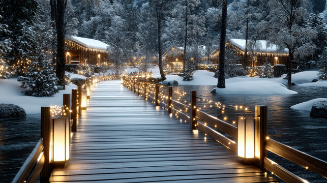 Snowy wooden boardwalk lit by warm string lights leading to cozy lakeside cabins at dusk - Powered by Adobe
