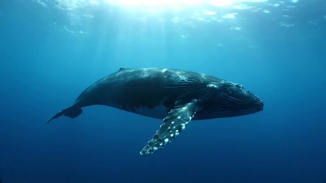 Intimate close up of the intricate texture of a whale's skin or barnacles on its fin, highlighting the raw, untouched beauty of marine wildlife. Detailed close up, macro