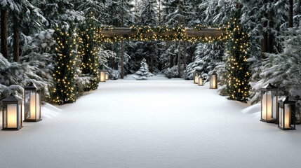 Snowy forest pathway with glowing lanterns and festive lights creating serene holiday atmosphere