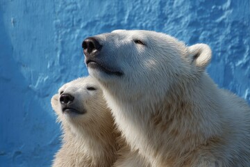 Two polar bears gaze upward against a vibrant blue wall, basking in the sunlight