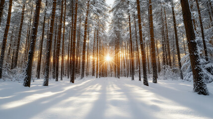 Fototapeta premium Snow forest sunrise snow pine tree winter sunlight snowy woodland sunbeam glow