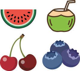 Refreshing Summer Fruits and Drinks Icon Set Watermelon, Coconut, Cherry, and Blueberry