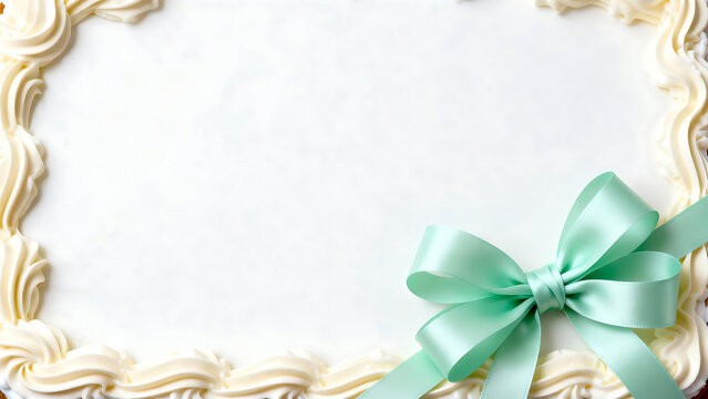 Cake Background with White Cream Border and Pastel Mint Ribbon