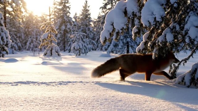 Focus on the subtle behaviors of the fox sniffing the air, pausing to observe, and its fluid movement through deep snow. medium shot fox, red fox, wildlife, animal, nature, forest, snow, winter,?