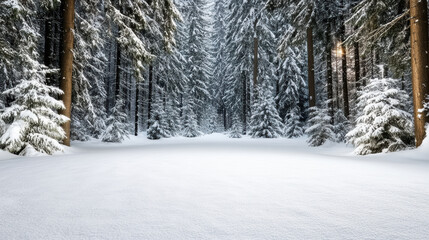 Fototapeta premium Snow laden pine forest glowing with soft moonlight, serene winter scene