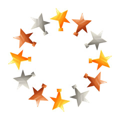 A circular wreath made of trophies in gold, silver, and bronze colors. The design features star shapes arranged evenly around the circle.