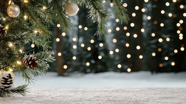 Snow laden evergreen branch with frosted pinecone and warm fairy lights evoking cozy winter - Powered by Adobe