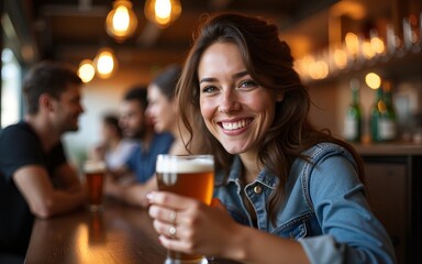 Woman at brewery bar, craft beer tasting, friends socializing. High quality