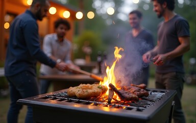 Man, friends and grill for bbq outdoor to start fire, new years party and social gathering. Person, wood and prepare barbecue for lunch reunion, setup flame and bonding activity in backyard at house