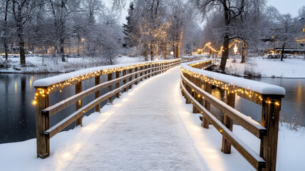 Snowy bridge winter pathway holiday lights wooden railing snow covered walkway frozen lake