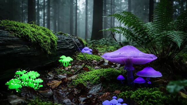 Time lapse sequence capturing the subtle intensification and fading of light from a patch of bioluminescent fungi over several hours, emphasizing the natural cycle and mysterious beauty of the forest
