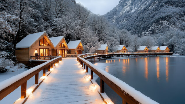 Snowy lakeside cabin walkway glowing with warm lights, cozy evening atmosphere