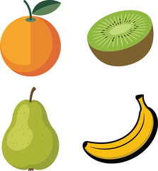Vibrant Isometric Fruit Icons Set Orange, Kiwi, Pear, and Banana