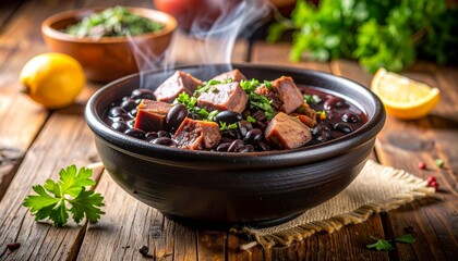 Brazilian Feijoada in Rustic Bowl &mdash; Traditional Black Bean Stew Food Photography