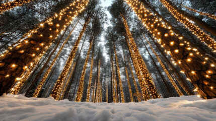 Snowy forest canopy lit by warm holiday lights, magical winter evening glow