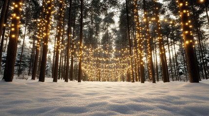Snowy forest canopy sparkling with holiday lights warmly glowing amid tall pine trunks