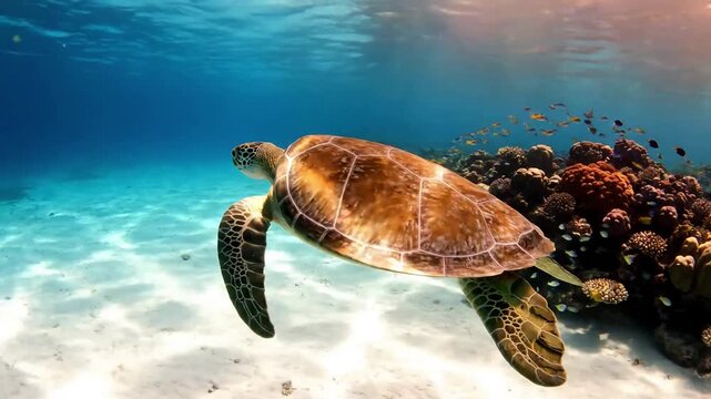 Underwater perspective following a large sea turtle as it gently grazes on seagrass, demonstrating its peaceful existence within the marine ecosystem.