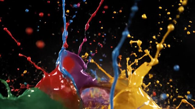 Vibrant liquid paint splashes collide in mid air creating abstract shapes against a dark background with dramatic