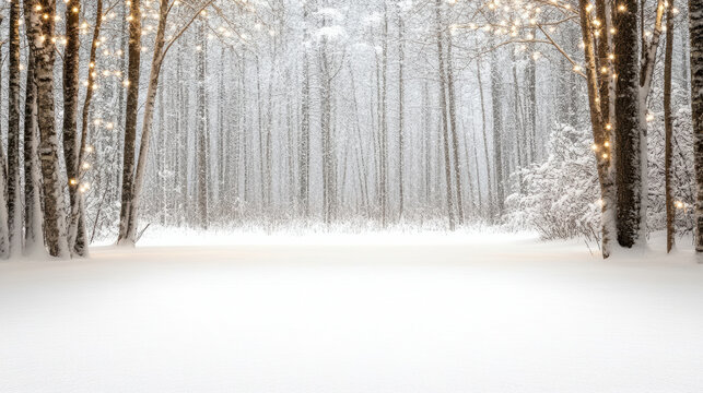 Snowy forest morning mist holiday lights birch trees calm winter scene