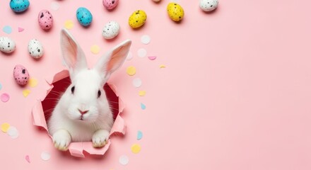 Easter bunny peeking through a hole with colorful eggs on pink background