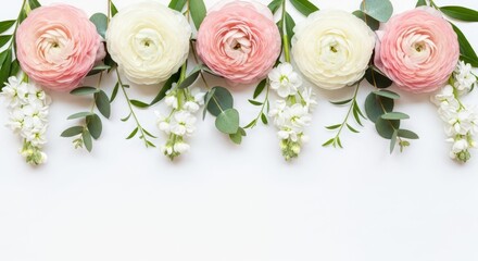 Elegant floral arrangement with pink and white ranunculus flowers on white background