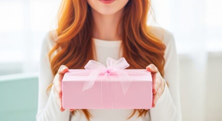 Woman with red hair holding a pink gift box with a delicate bow