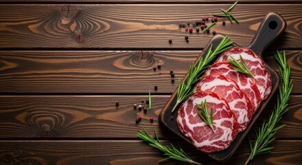 Delicious sliced capicola on a wooden cutting board with fresh rosemary