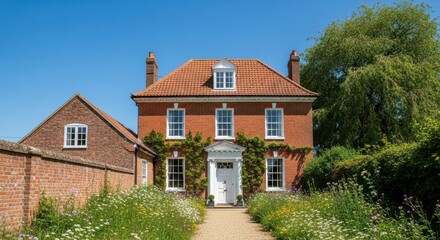 Beautiful brick home with a white door, windows, and a red tile roof on a sunny day