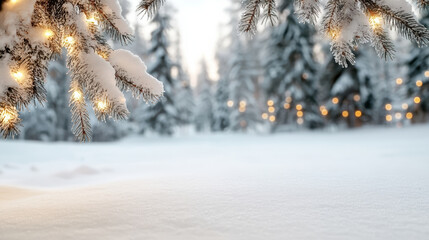Snowy pine branch golden lights winter forest bokeh cozy scene