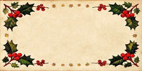 Vintage Christmas Greeting Card Design with Holly Berries and Festive Decorations
