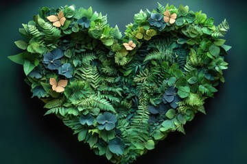 Green leaves and flowers form a heart, dark green background. It symbolizes love for nature, perfect for ecology concepts.